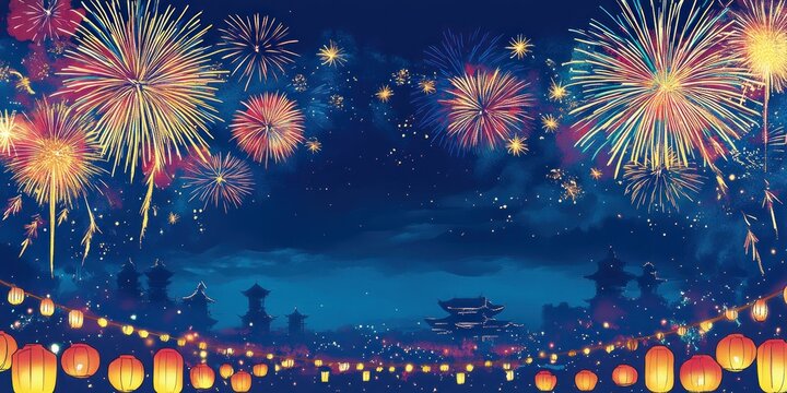 Fireworks Festival Celebration Background Illustration with Lanterns in Pop Art Style