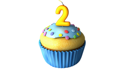 Bright blue cupcake with colorful frosting and a number 2 candle for a birthday celebration