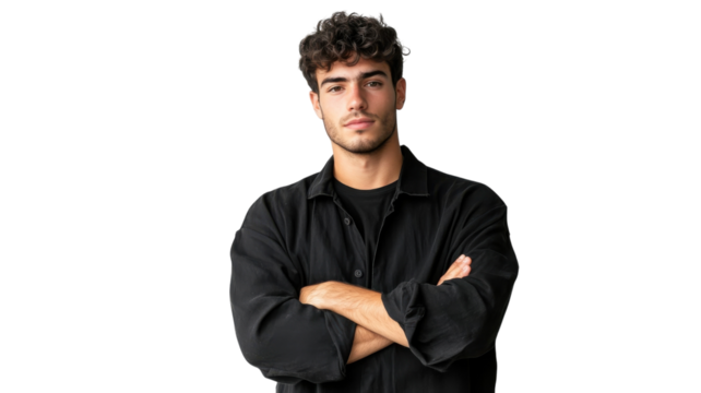 Young man confidently posing with crossed arms against a plain background in a casual setting