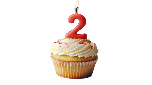 Celebrating a special two-year milestone with a delicious cupcake topped with a red number two candle