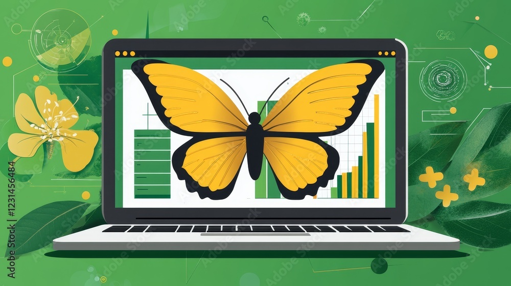 Aufkleber data visualization a yellow butterfly on a laptop screen with charts and graphs