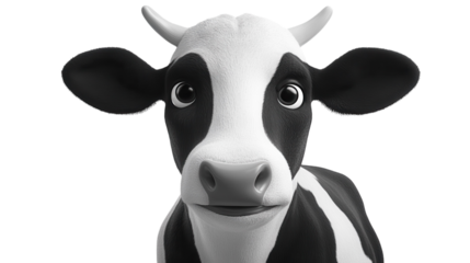 Cartoon cow with big eyes looking straight at the viewer in a playful and whimsical manner