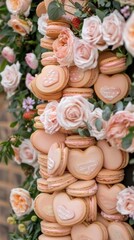 Fototapeta premium Heart-shaped macarons elegantly displayed among soft pink roses in a charming floral arrangement, perfect for Valentine’s Day celebrations.