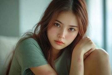 Fototapeta premium Close up of stain bruise wound on arm, contusion asian young woman, girl an accident fell down stairs, hand on elbow in healing injury by massage hematoma