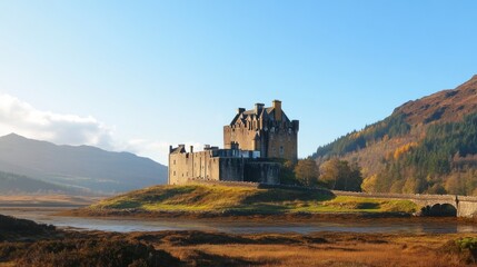 A scenic view of a historic castle by a river surrounded by mountains and autumn foliage.