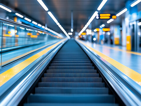 blurred background metro escalator / light blue background movement city infrastructure subway