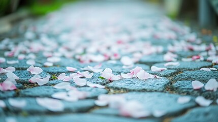 Obraz premium Pink petals strewn cobblestone path, garden background