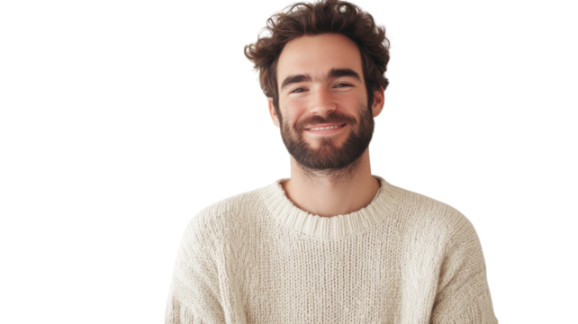 Man with curly hair and beard smiles warmly while wearing a cozy sweater in a bright indoor space