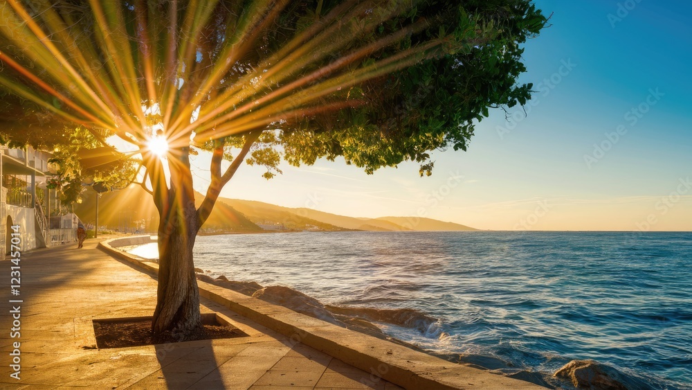 Poster sunlight beams filter through a lush tree on the coastline illuminating the tranquil mediterranean w