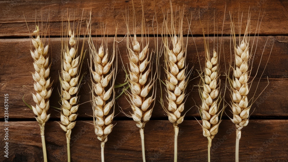 Poster golden wheat spikelets neatly lined up on a rustic wooden table with rich brown tones highlighting t