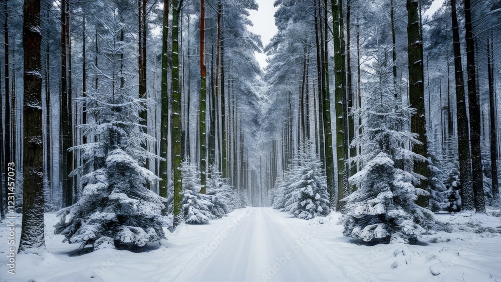 Poster Tall fir trees aligned on either side of a snow-covered path create a serene winter landscape in hues of white and green under soft, overcast skies.