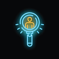 Bright neon icon of a magnifying glass searching for the perfect candidate