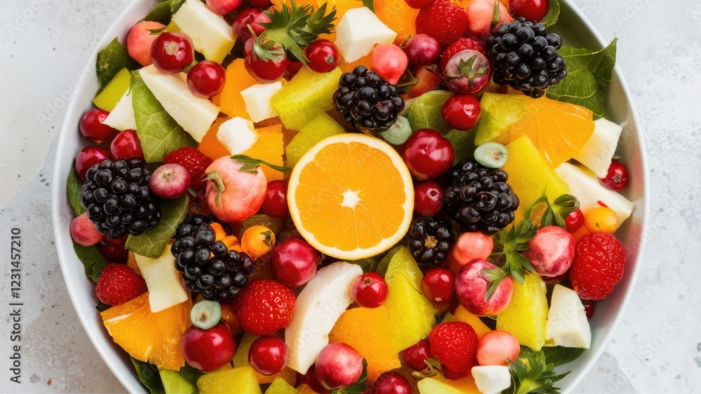 Poster Vibrant fruit salad featuring assorted berries, citrus, and melon on a light surface with a circular orange in the center creating a colorful arrangement.