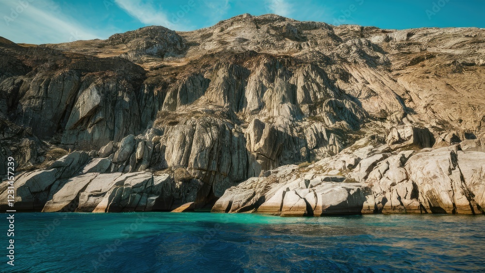 Poster rugged mountain cliff rises steeply above tranquil azure waters with jagged flat rocks visible in th