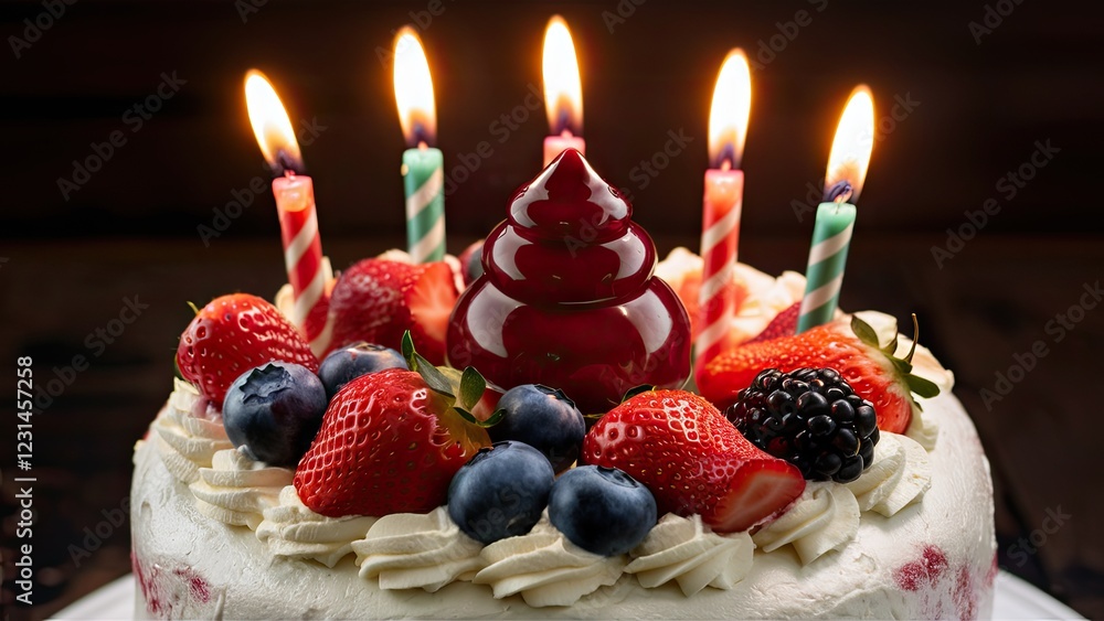 Poster delicious birthday cake topped with colorful candles and an array of fresh berries including strawbe