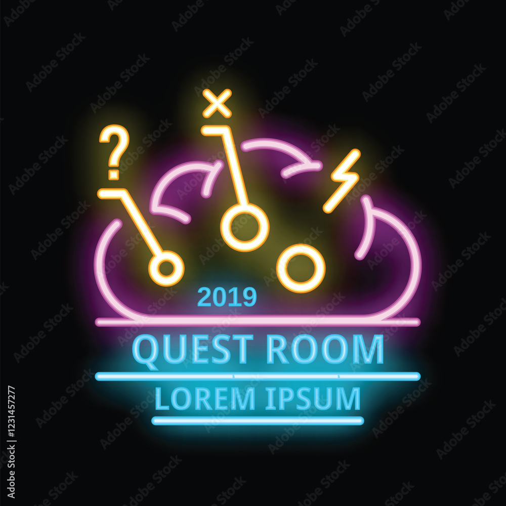 Poster neon sign with brain engaging in problem solving, representing the concept of a quest room