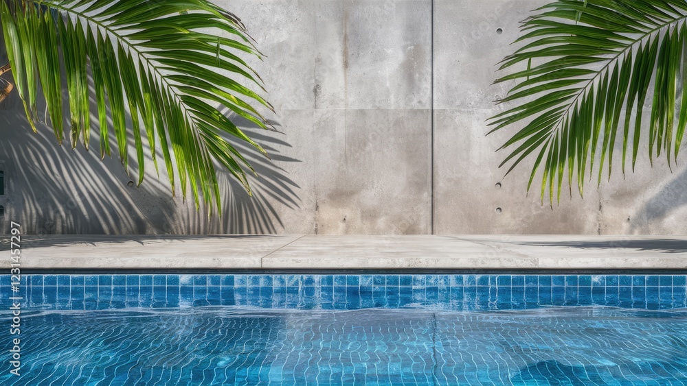 Aufkleber Serene swimming pool with clear blue water reflecting palm leaves and textured concrete wall in the background, creating a tranquil atmosphere
