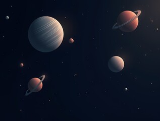 Fototapeta premium Minimalistic illustration of space with planets as circles and stars as dots, on a dark background