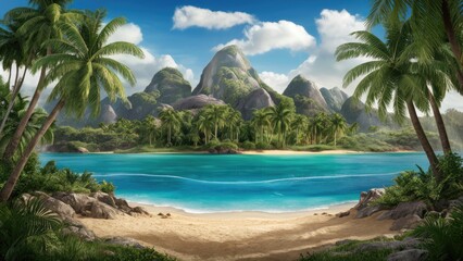 Tropical island beach scene with clear turquoise water, lush green palm trees on both sides, rocky foreground, and majestic mountains in the background.