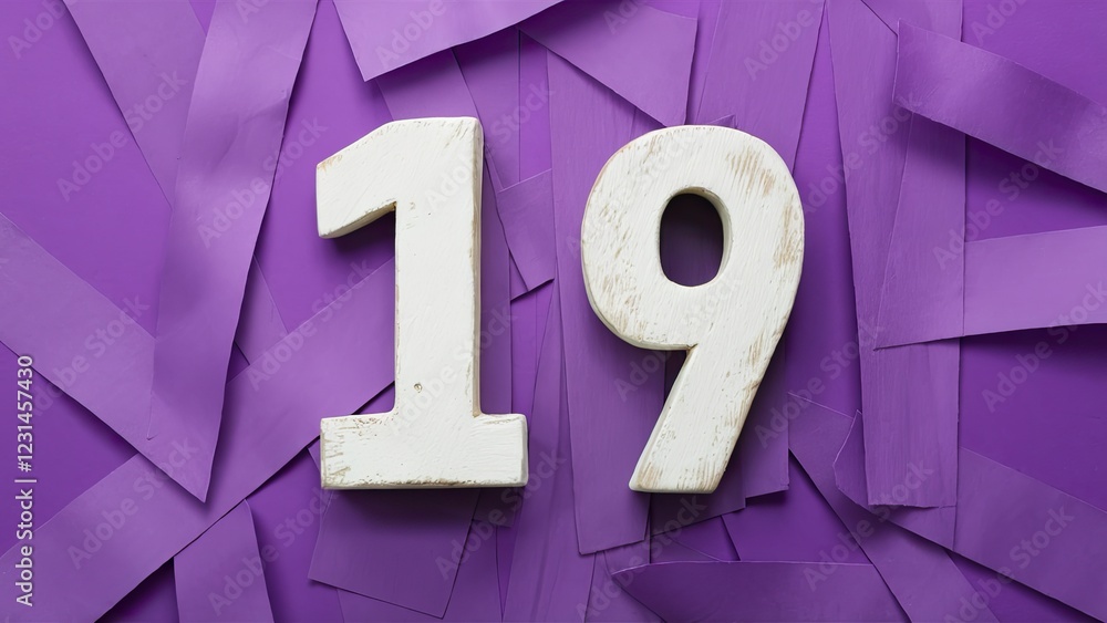 Aufkleber white wooden numbers 1 and 9 positioned centrally on textured purple paper, surrounded by overlappin