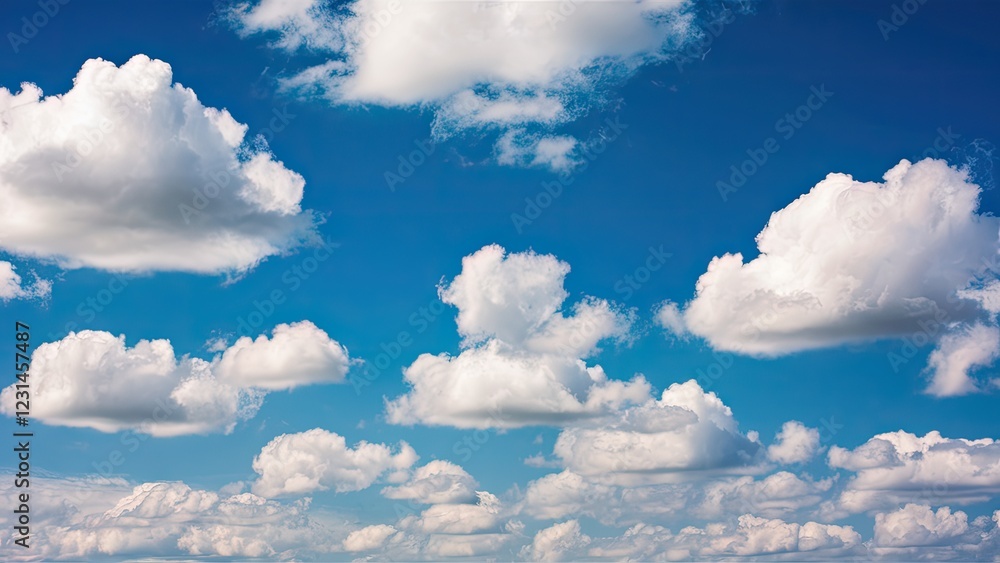 Poster fluffy white clouds scattered across a bright blue sky with subtle gradient hues, creating a serene 
