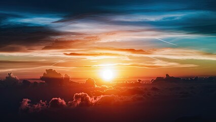 Obraz premium Vibrant sunset over layered clouds with rich orange and blue hues creating dramatic sky backdrop; ample space for text in the center.