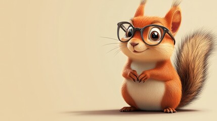 A fun cartoon squirrel in glasses, standing on a clean one-tone background with copy space