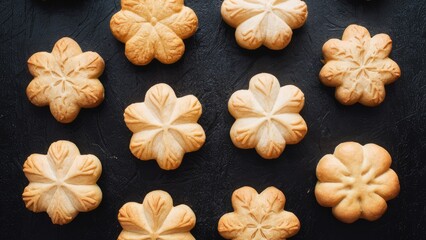 Baked floral cookies arranged symmetrically on a dark textured background, showcasing golden brown hues and intricate designs in various shapes.