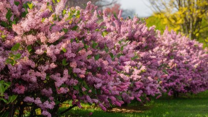 Obraz premium Lush vibrant lilac bushes in full bloom showcasing rich purple flowers against a green lawn under bright spring sunlight during early springtime