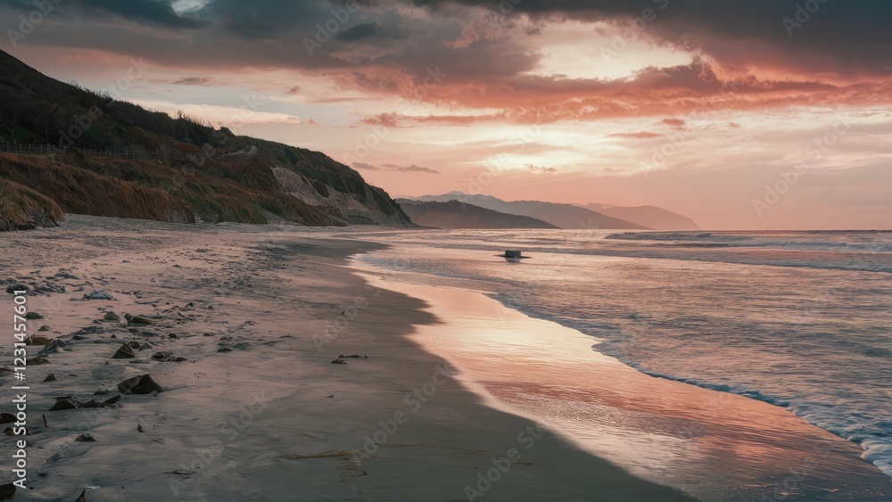 Leinwandbilder serene shoreline at low tide under a colorful sunset with soft waves lapping at wet sandy beach and 