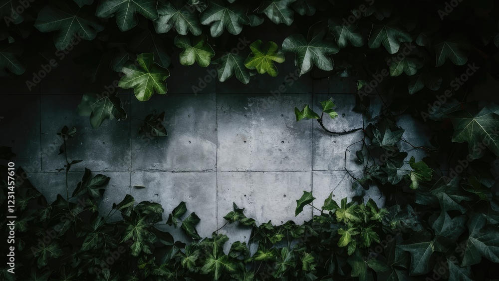 Aufkleber cement wall in dark tones framed by vibrant green ivy leaves creating a moody and textured atmospher