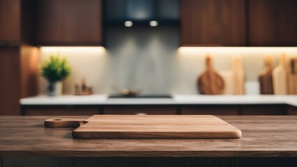Wooden cutting board on a polished table with a blurred modern kitchen backdrop featuring dark cabinets and warm accent lighting.