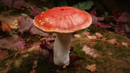 Fototapeta premium Vibrant red-capped mushroom with white stem surrounded by earthy tones and fallen leaves highlighting traditional medicinal themes in nature.