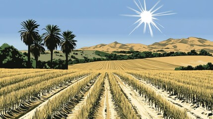 Sun-drenched vineyard landscape with palm trees under a bright sun