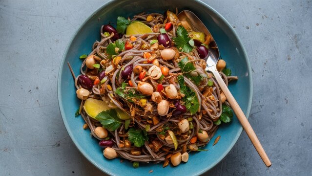 Vibrant vegan soba noodle salad with chickpeas, peanuts, and herbs in a teal bowl, garnished with colorful beans and garnishes on a gray surface