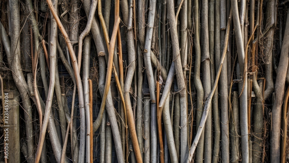 Aufkleber intertwined dry branches create a textured wall background in shades of brown and gray, featuring va