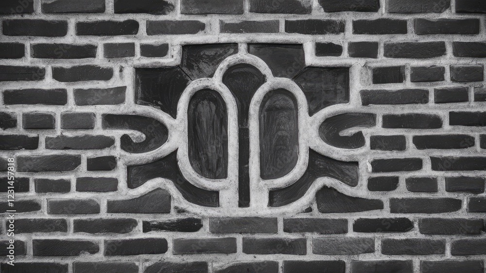 Poster textured closeup of a unique brick wall with central design in monochrome showcasing artistry with d
