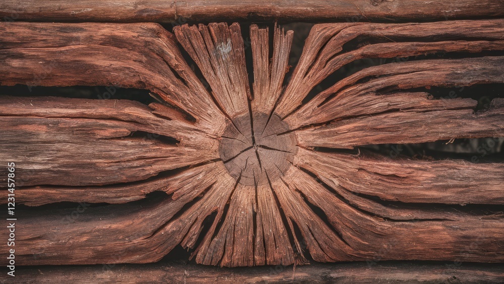 Poster deteriorated wooden texture featuring radial cracks and rustic brown tones; centered wooden end with