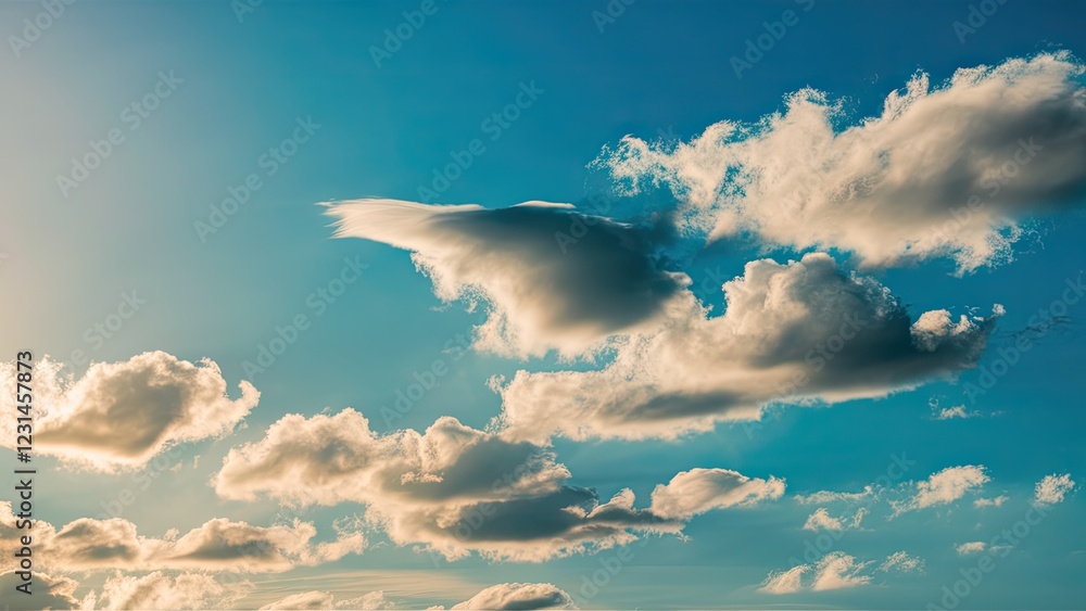 Poster Serene sky with fluffy white clouds in soft shades of blue and hints of golden sunlight creating a peaceful atmosphere at dusk.
