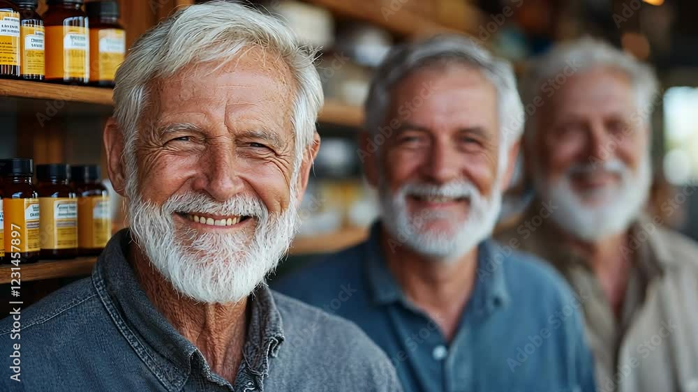 Poster three men with white hair are smiling for the camera. they are standing in front of a shelf with bot