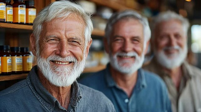 Three men with white hair are smiling for the camera. They are standing in front of a shelf with bottles on it