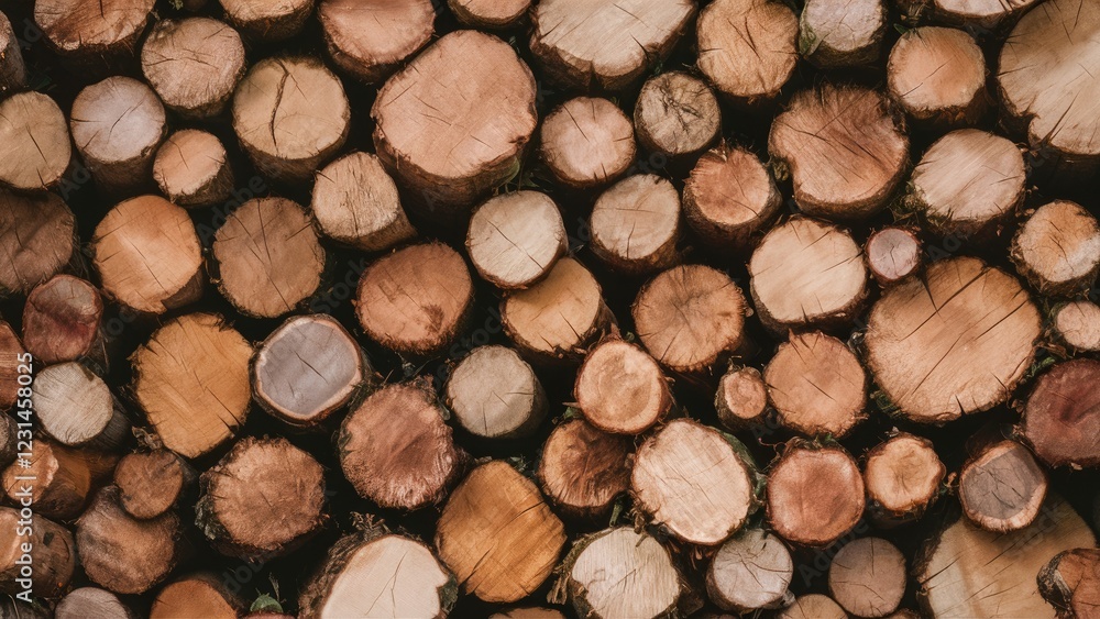 Fototapete close-up of neatly stacked timber logs displaying natural wood grain textures in warm brown tones, a