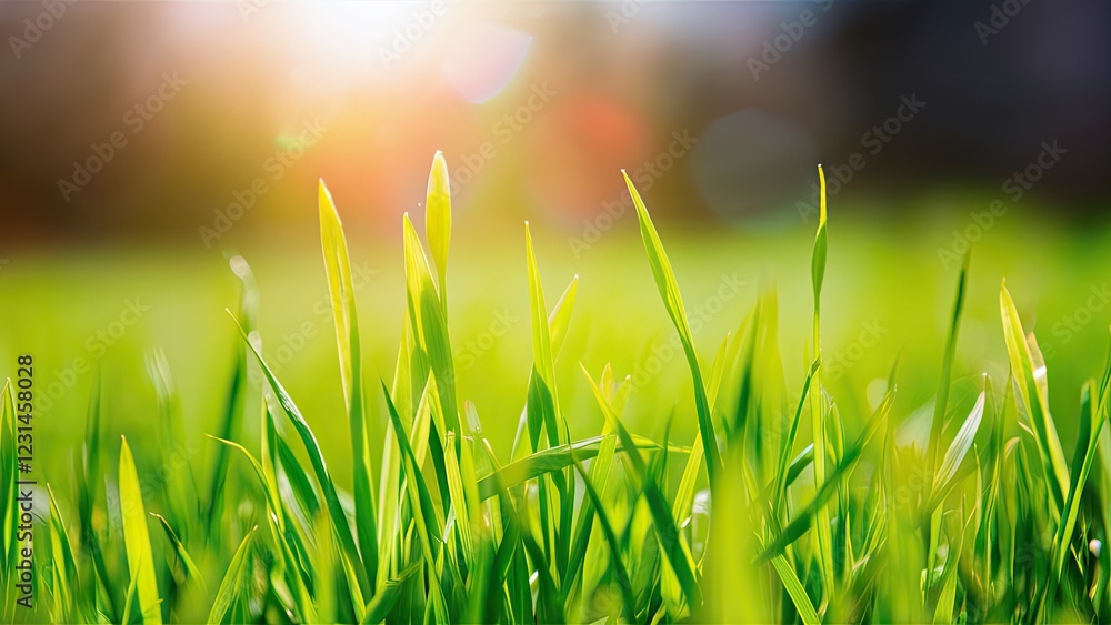 Poster Vivid green grass stretches upward under bright sunlight with a soft-focused bokeh background creating a serene, abstract nature scene.