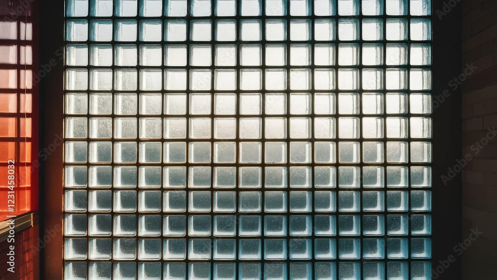 Poster morning sunlight filters through a glass block wall featuring a grid pattern with cool blue and whit