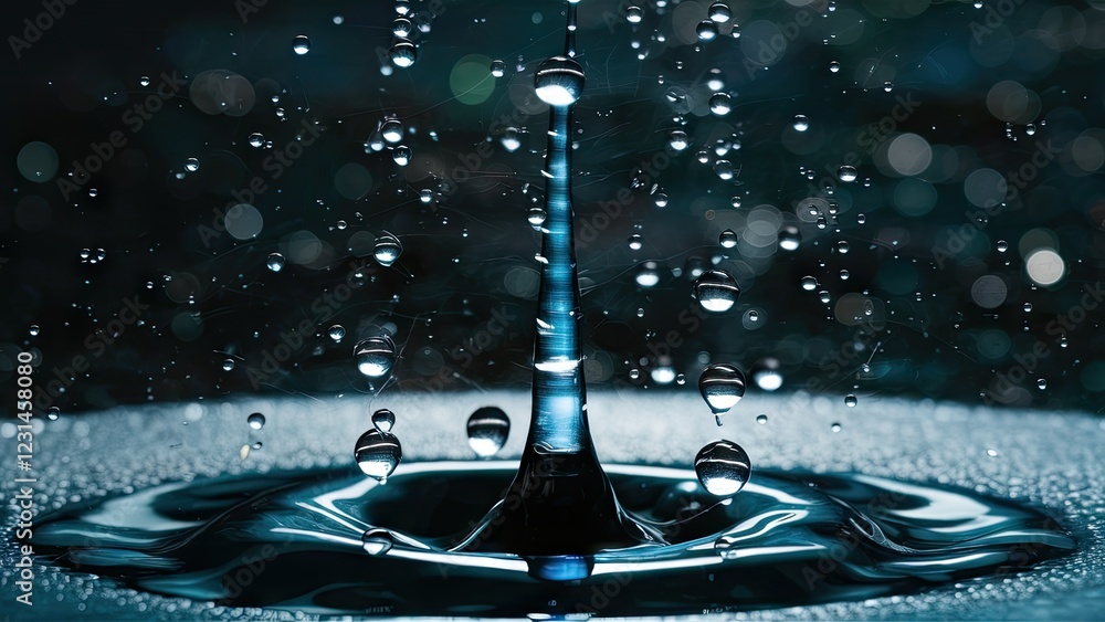 Leinwandbilder suspended water droplets create a mesmerizing effect against a dark bokeh backdrop with shades of bl