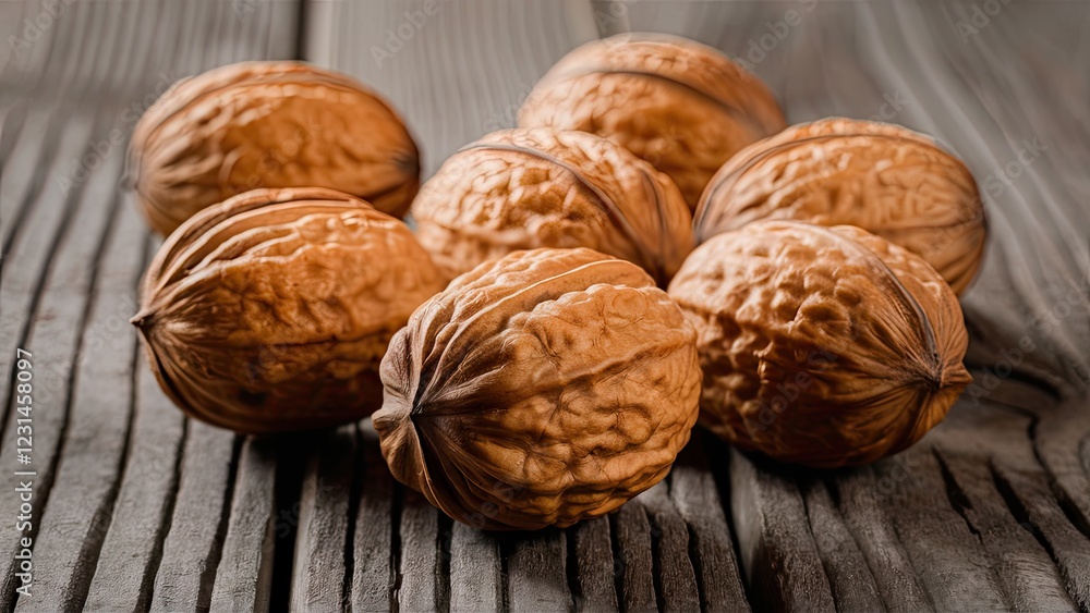 Poster Close-up of several walnuts arranged on a rustic wooden surface with deep brown tones and a soft focus effect highlighting their texture.