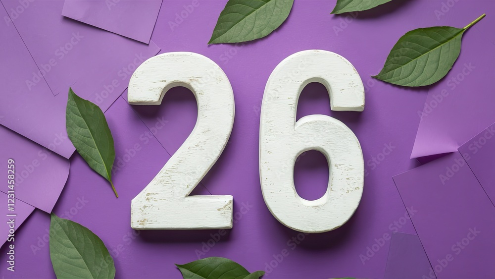 Poster white wooden numbers 26 centered on vibrant purple background with green leaves and folded paper acc