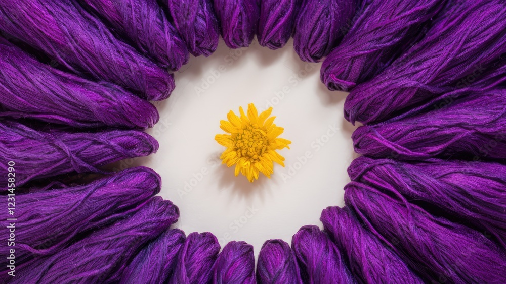 Aufkleber Vibrant purple threads arranged in a circular pattern around a yellow flower on a white backdrop creating a striking visual contrast.