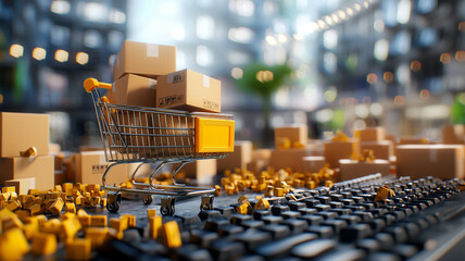 Online Shopping and E commerce Miniature Shopping Cart with Cardboard Boxes on Keyboard