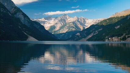 Tranquil lake reflecting majestic snow-capped mountains under a clear blue sky with soft clouds and lush green slopes surrounding the water.